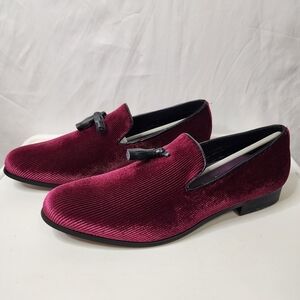Men's Velvet Like Loafers in Burgundy with Black Tassels Amali Abram Slip On